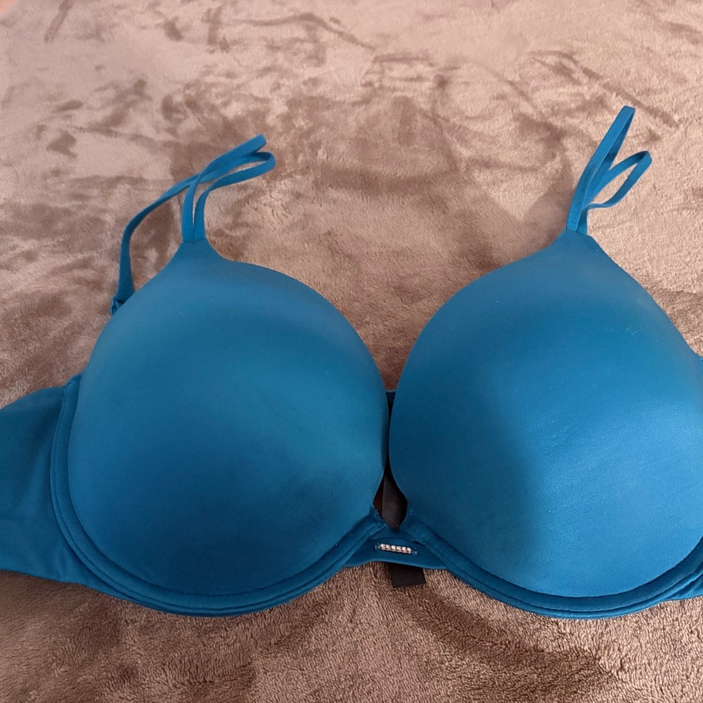 Teal Satin Plunge Push-Up Bra 36D